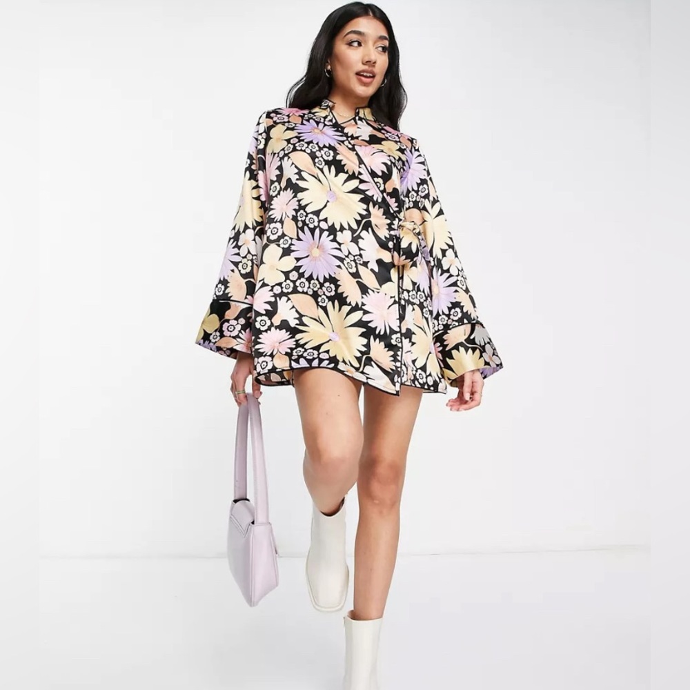 ASOS DESIGN satin 60s collar wrap romper in retro pink floral print